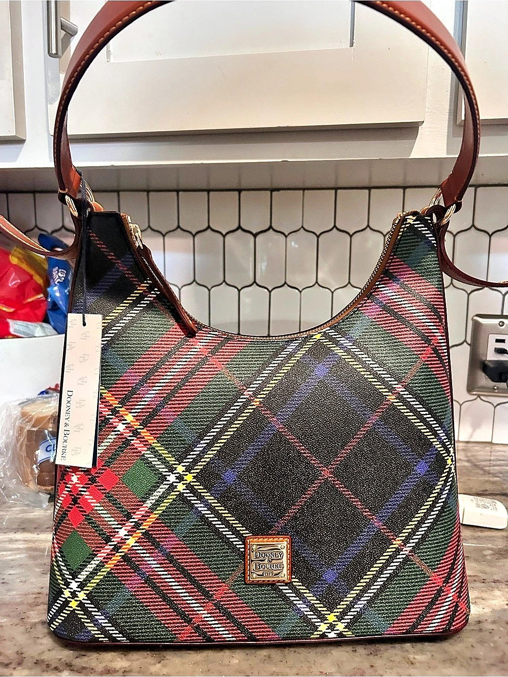 Dooney & Bourke Tartan Small Hobo Plaid Shoulder Bag Black & Red